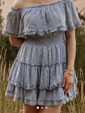 American Eagle Outfitters Light Blue Off-Shoulder Tiered Mini Dress